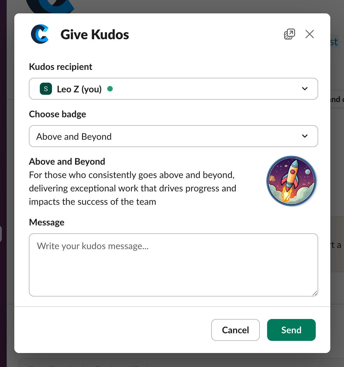 Slack Kudos form
