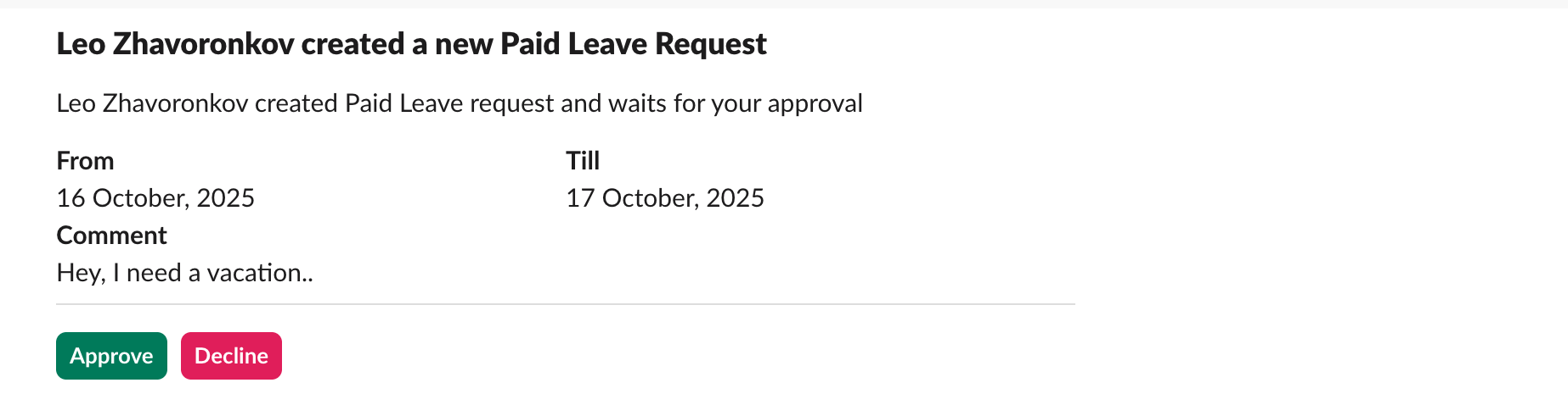 Slack PTO request notification