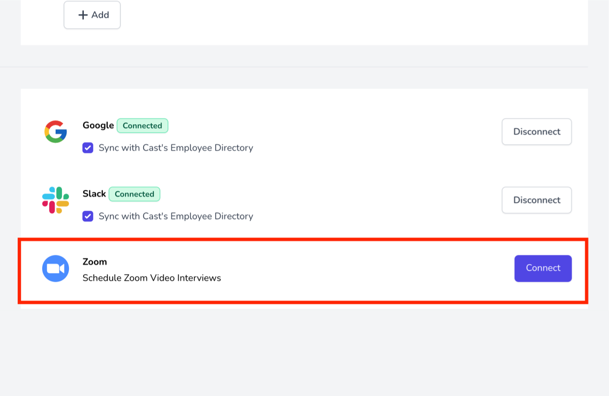 Connect Zoom in Cast HR settings
