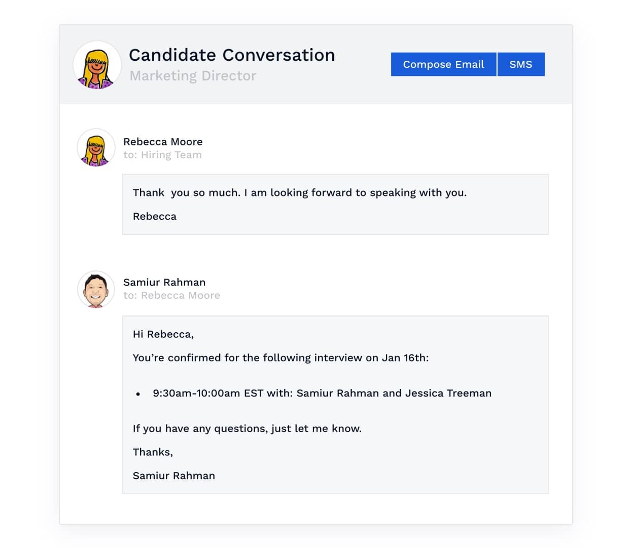 Shared conversation and collaboration tools for hiring teams